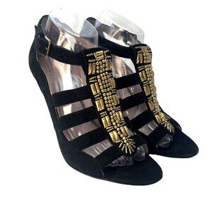 Saks Fifth Avenue Black and Gold Leather Peep Toe Shoes Heels Lona Style Ladies